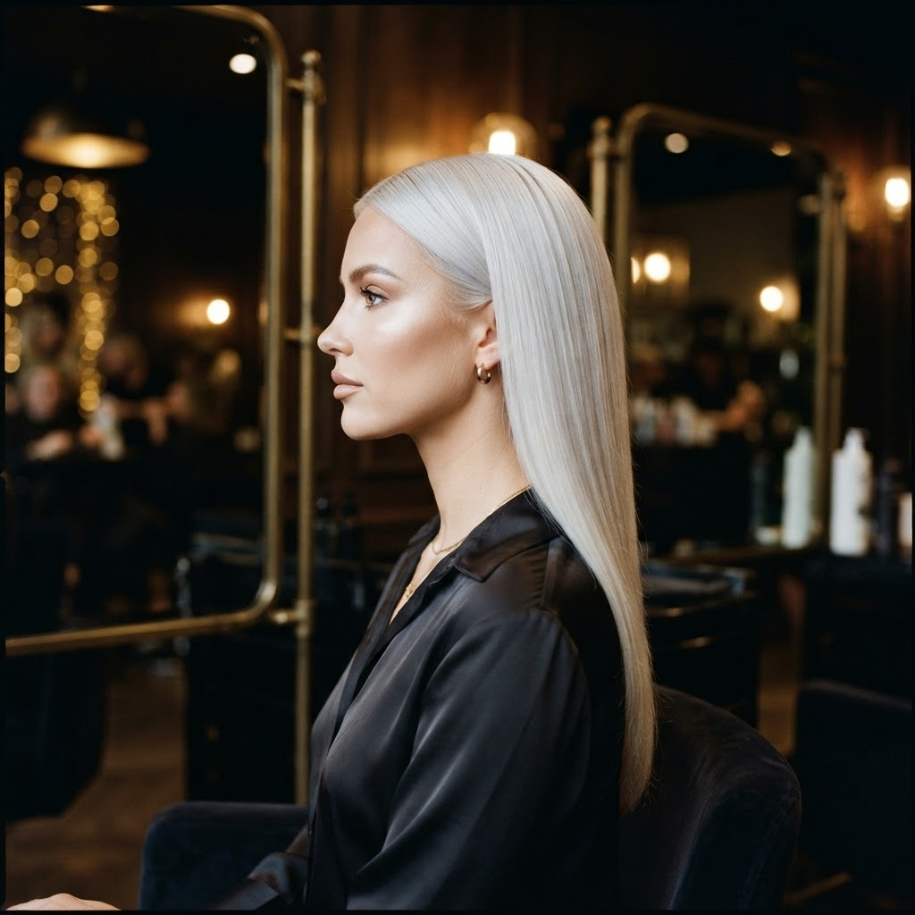 Woman with flawless platinum blonde color correction result